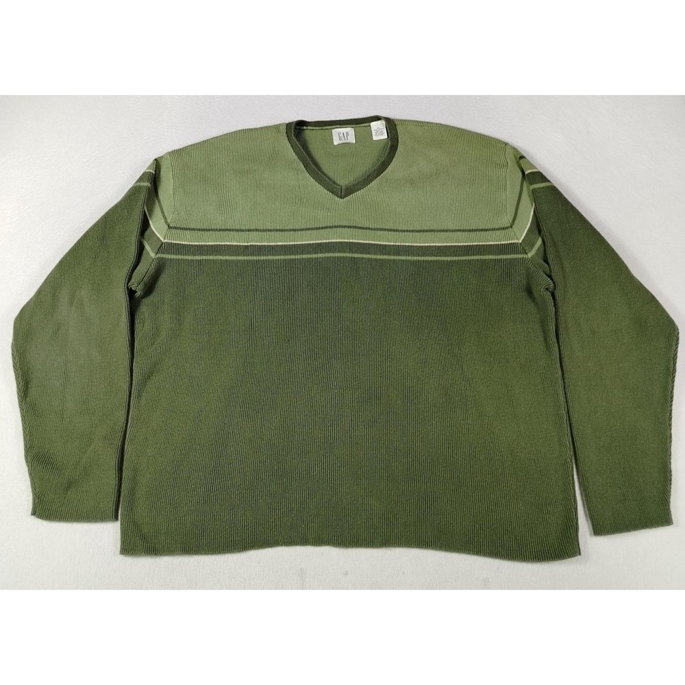 Gap Sweater Mens XL Green Striped V Neck Pullover Knit Cabincore Cozycore Casual